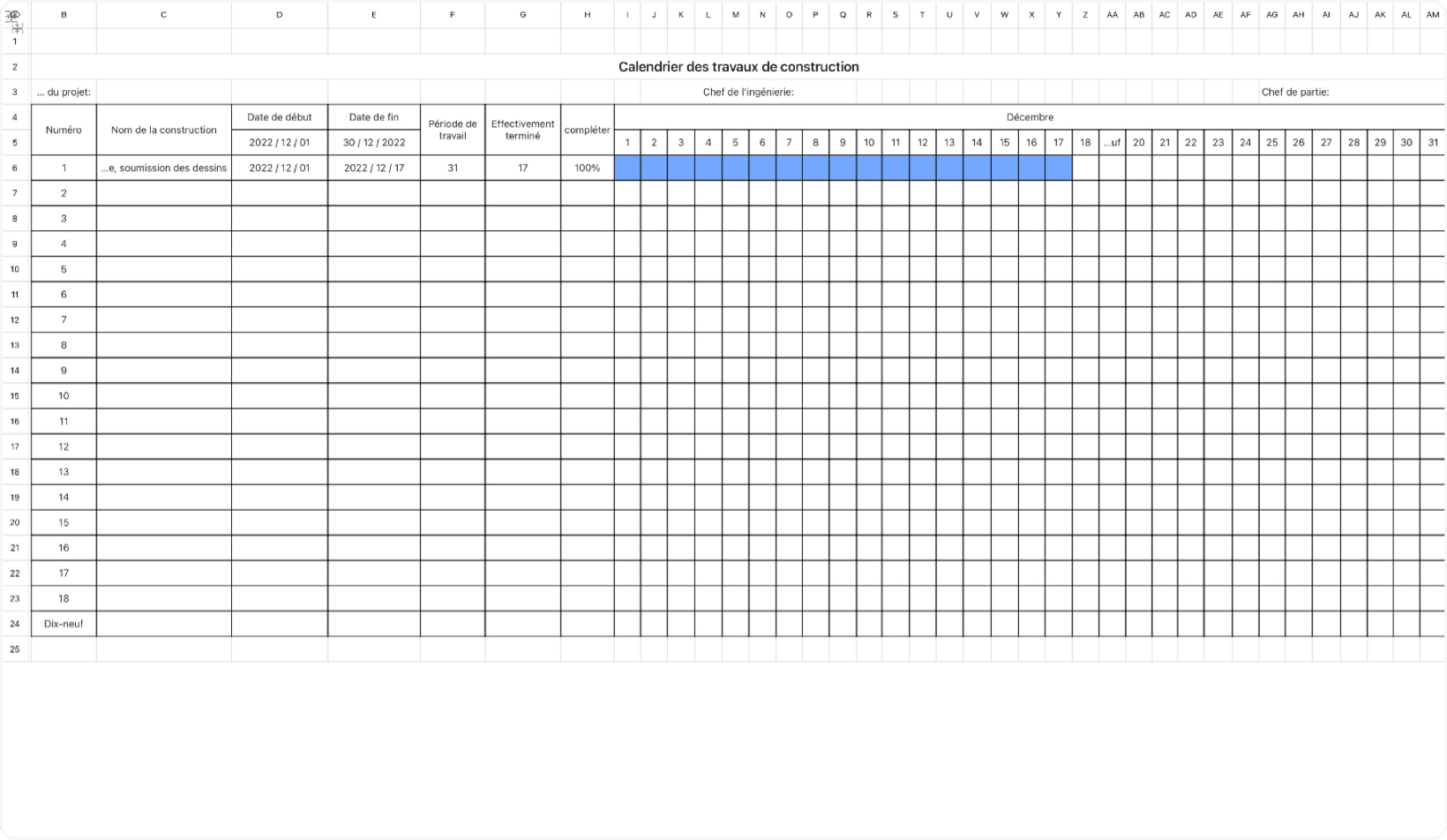 Calendrier des travaux de construction